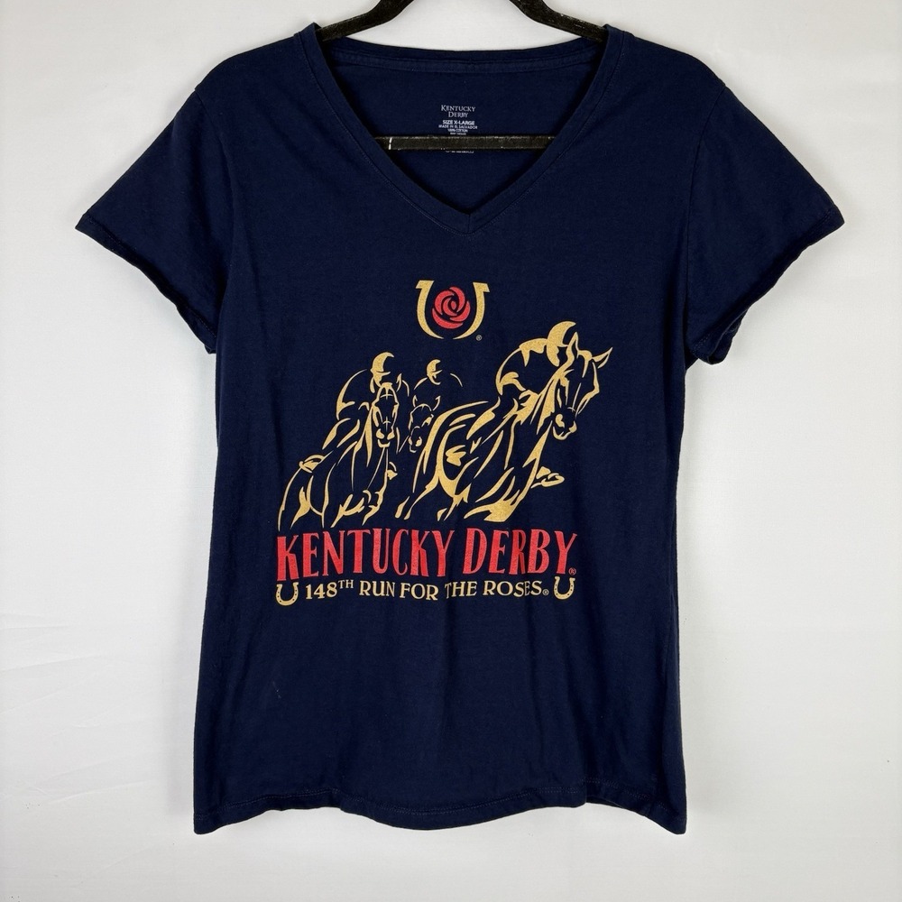 Women's Kentucky Derby 148 V Neck Shirt Size XL Blue Graphic Run For The Roses